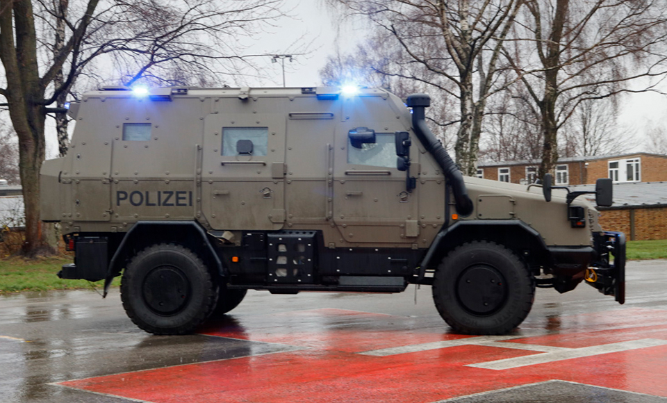 Side view of anti-terror vehicle 'Survivor R'