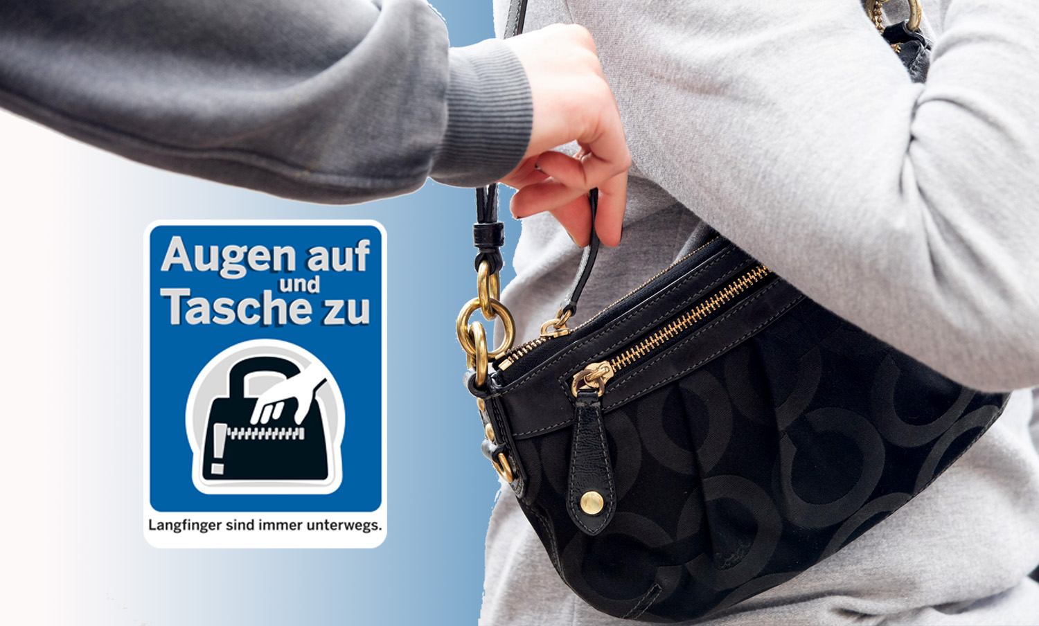 Eine Hand greift in die Handtasche einer Frau