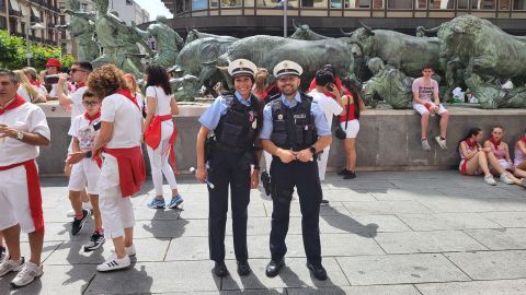 In front of the Monumento al Encierro, the monument to the running of the bulls